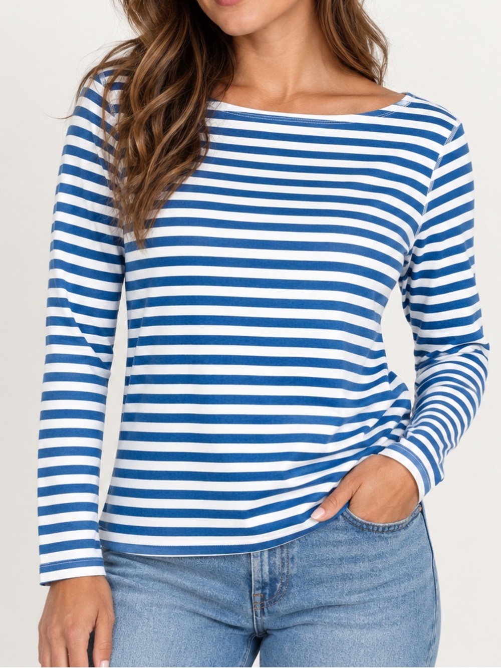J.McLaughlin Blue White Striped Cotton Boat Neck Long Sleeve Top
